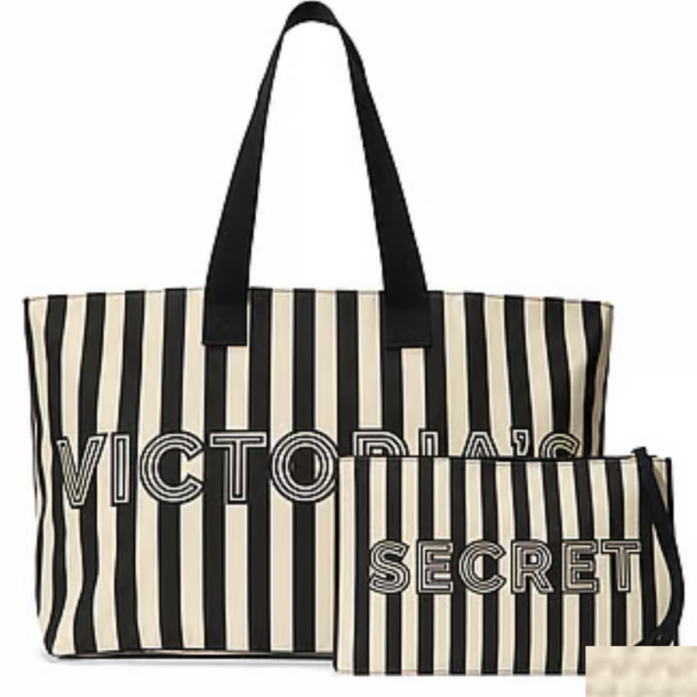 Nwt Victoria's Secret Black and White Zipper Matching Tote and Pouch Bag Set